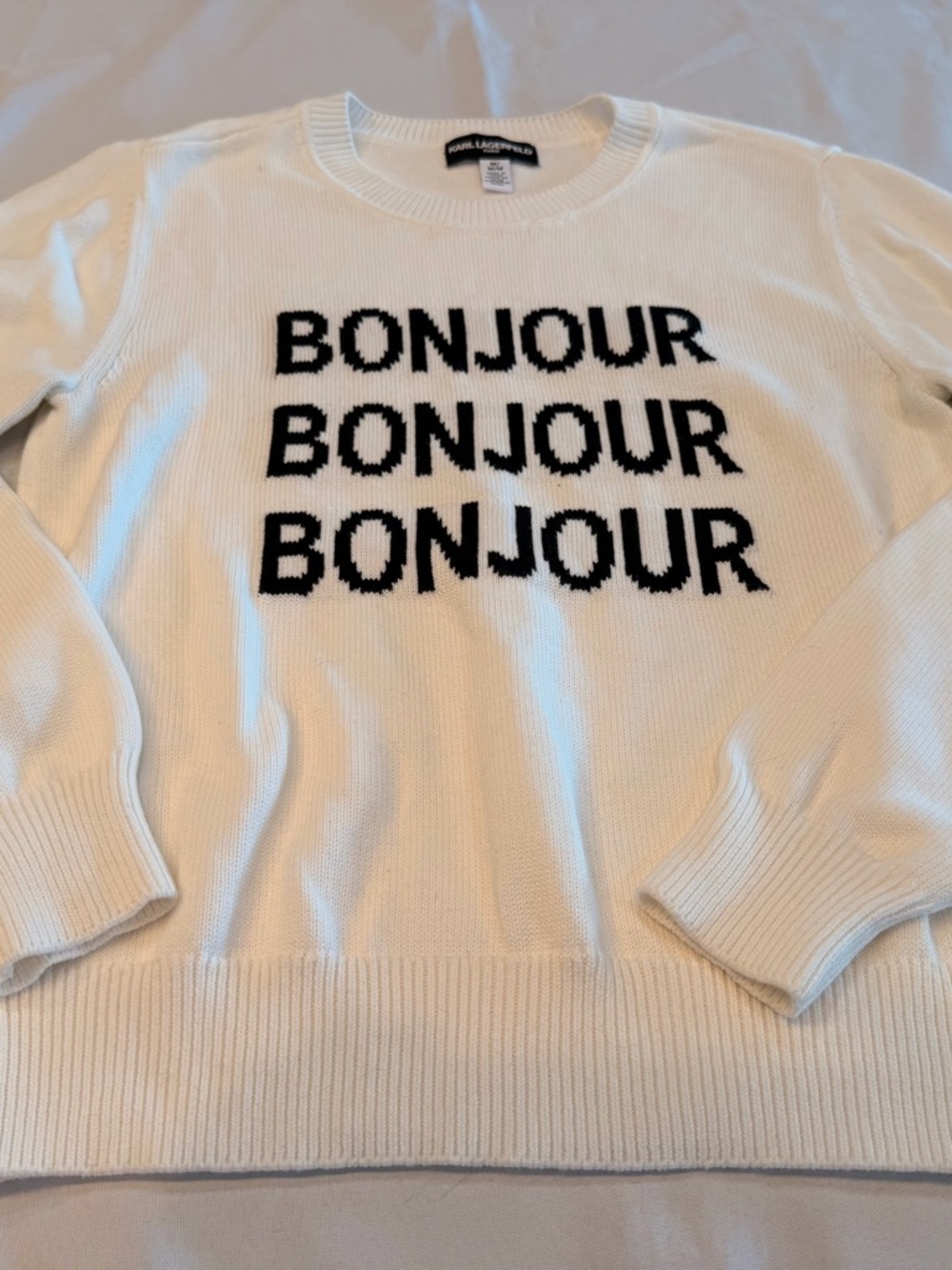Karl Lagerfeld Paris Bonjour Crewneck White Sweater Size Medium - Picture 5 of 6